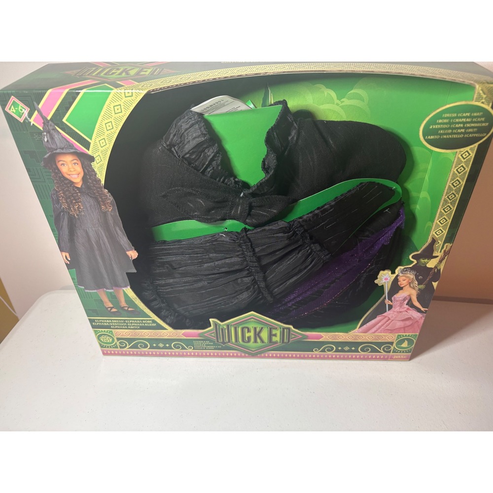 Wicked Elphaba Witch Costume Deluxe Dress Up Set Dress Cape Hat Girls Size 4-6X